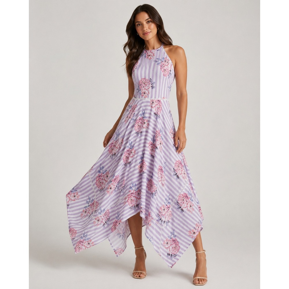 CANDIE'S S Striped Floral Midi Dress Hankerchief Hem high neck cottage fairy